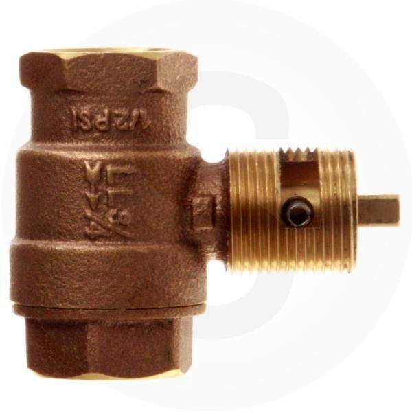 Gas fire pit shut off valve, close-up of dark bronze body and threaded inlet