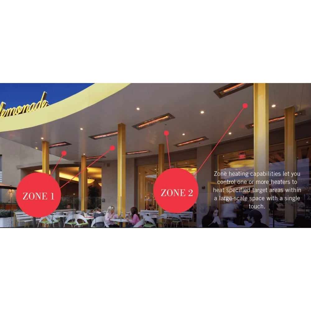 Restaurant dining area with ceiling heater indicators labeled Zone 1 and Zone 2