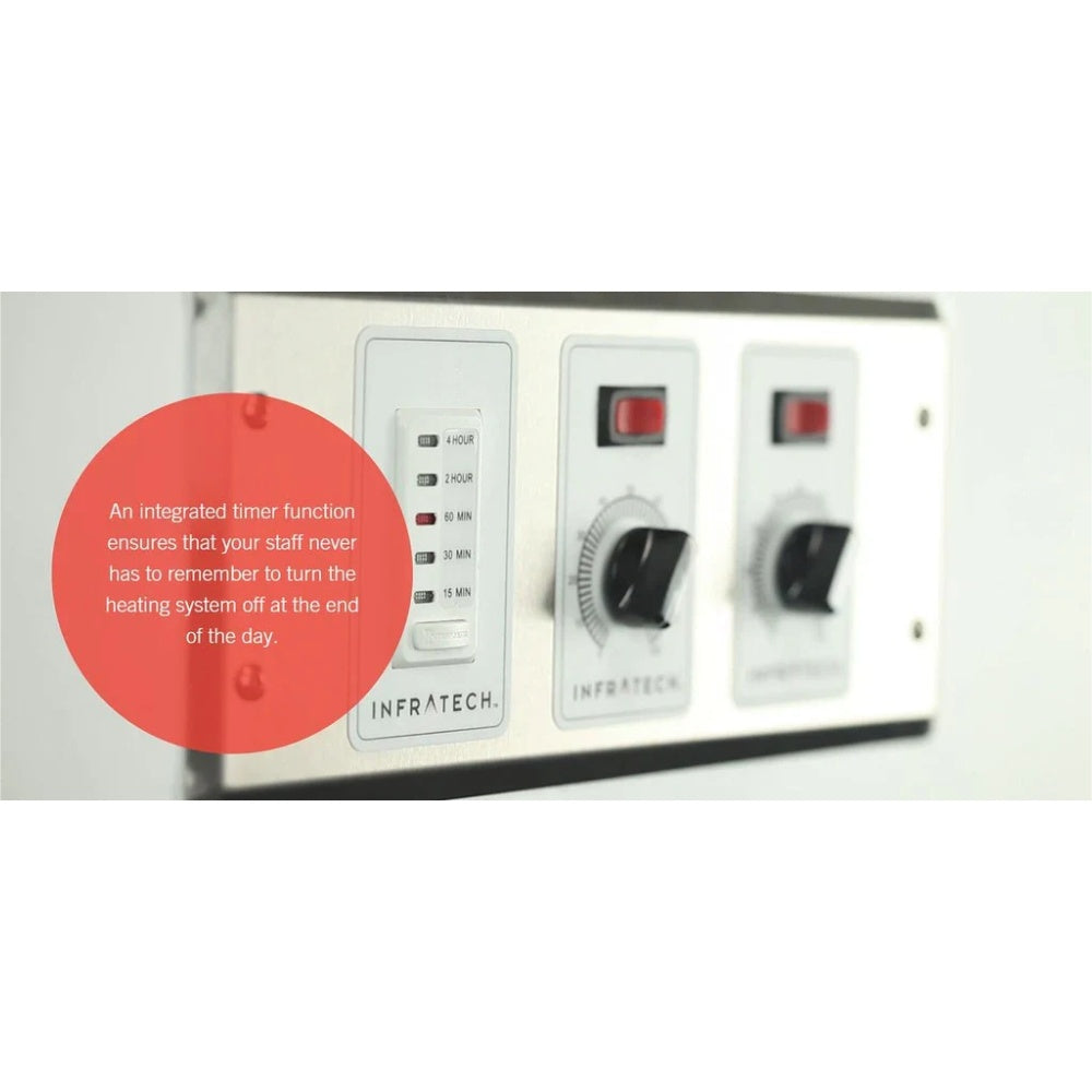 Infratech control package close-up with timer list, red switches, and dial knob