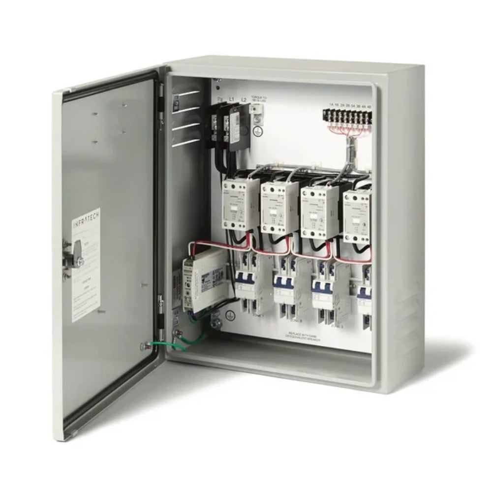 Infratech home management relay panel, open side view of wired electrical box
