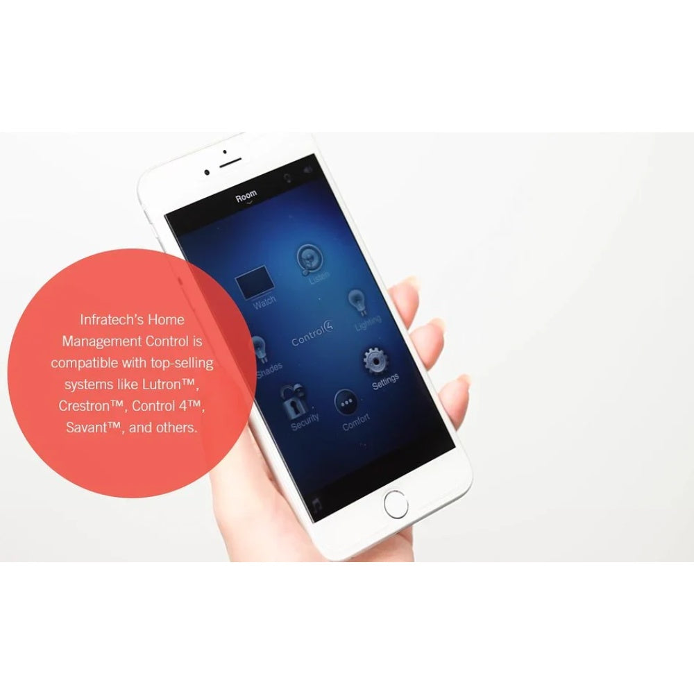 Infratech home management relay panel, smartphone app control screen shown