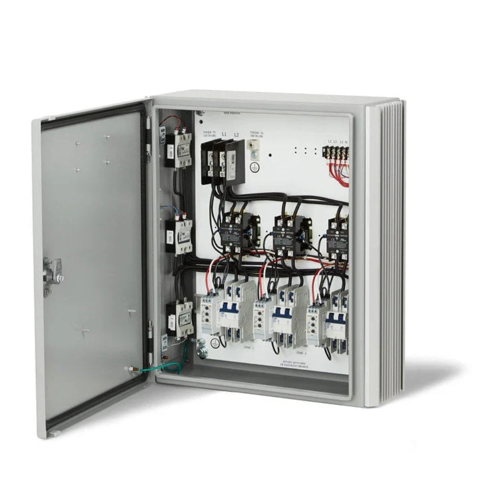 Open electrical control panel enclosure showing wiring and relay breakers