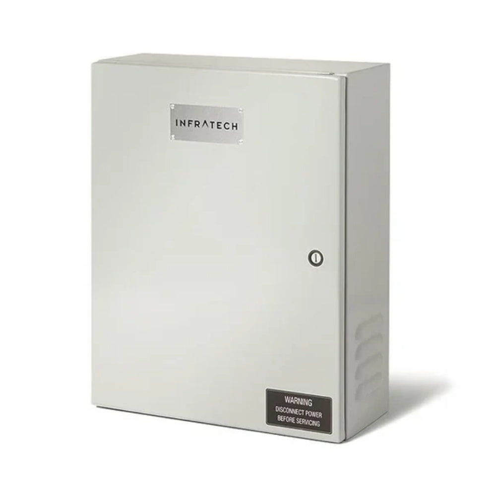 White metal control box with power switch and warning label at bottom