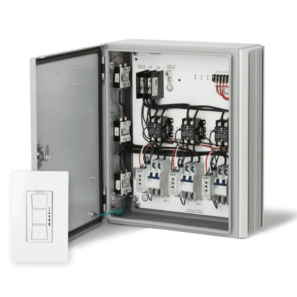 Open electrical control panel enclosure with internal relay circuit boards