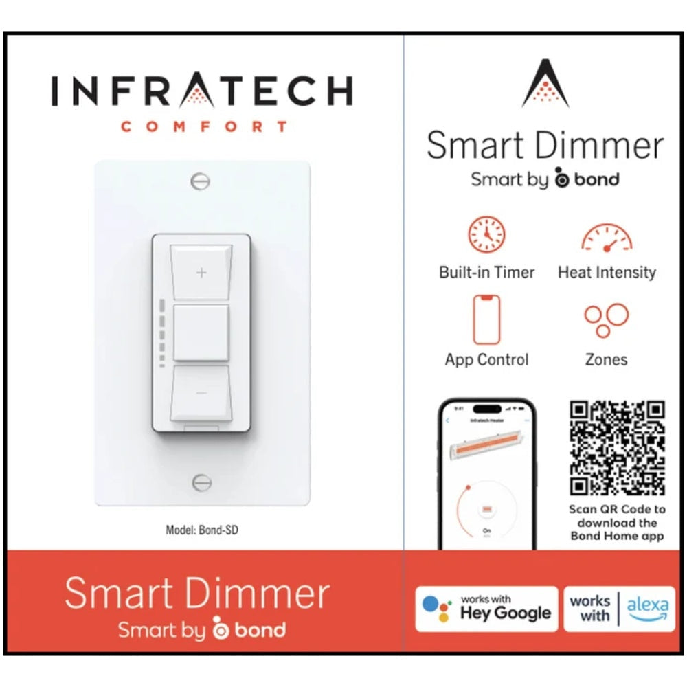 Smart Dimmer product box front with wall switch, app features, and logos