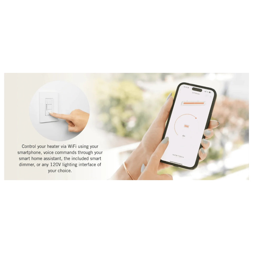 Smart dimmer app control on smartphone with hand adjusting wall switch