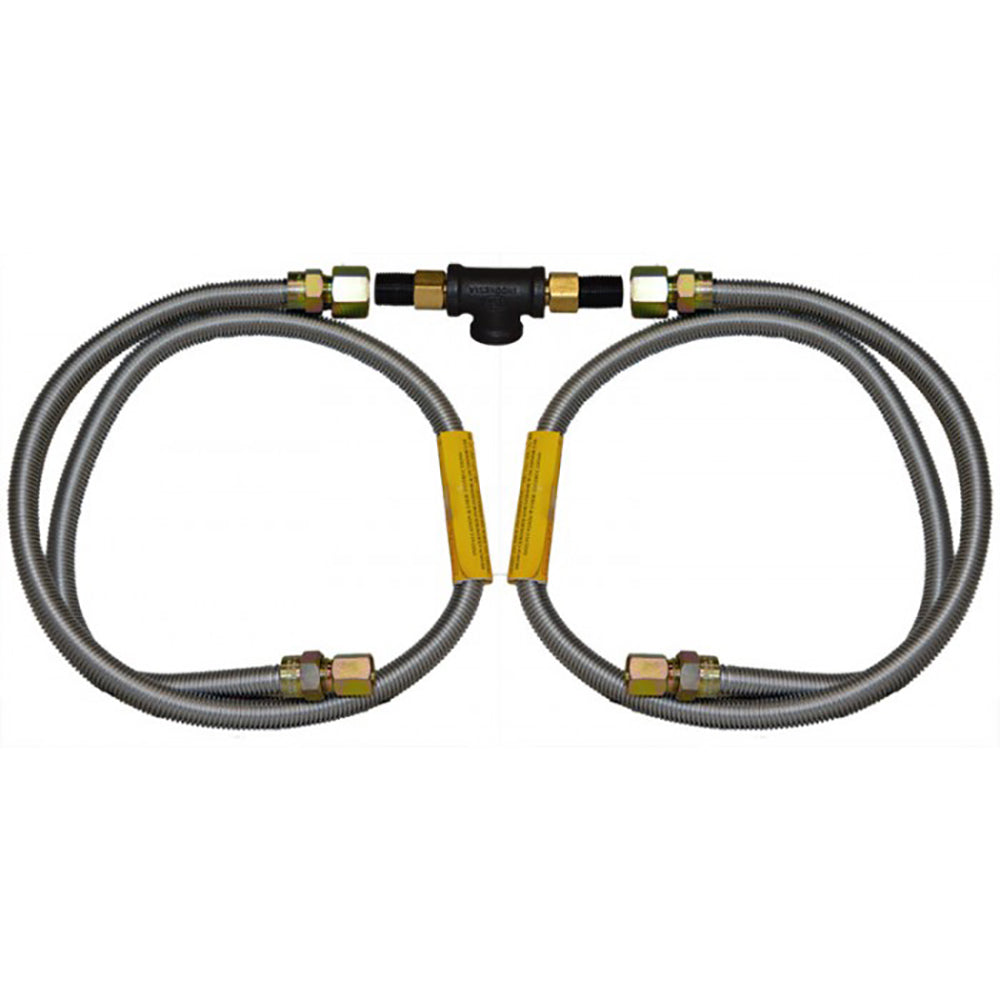 Stainless steel gas flex connector with two hoses and brass fittings, black tee