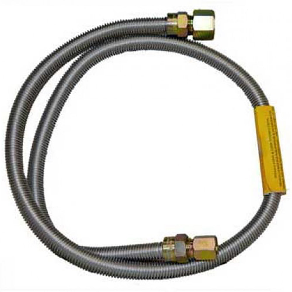 Stainless steel flex connector with brass end fittings and yellow protective sleeve