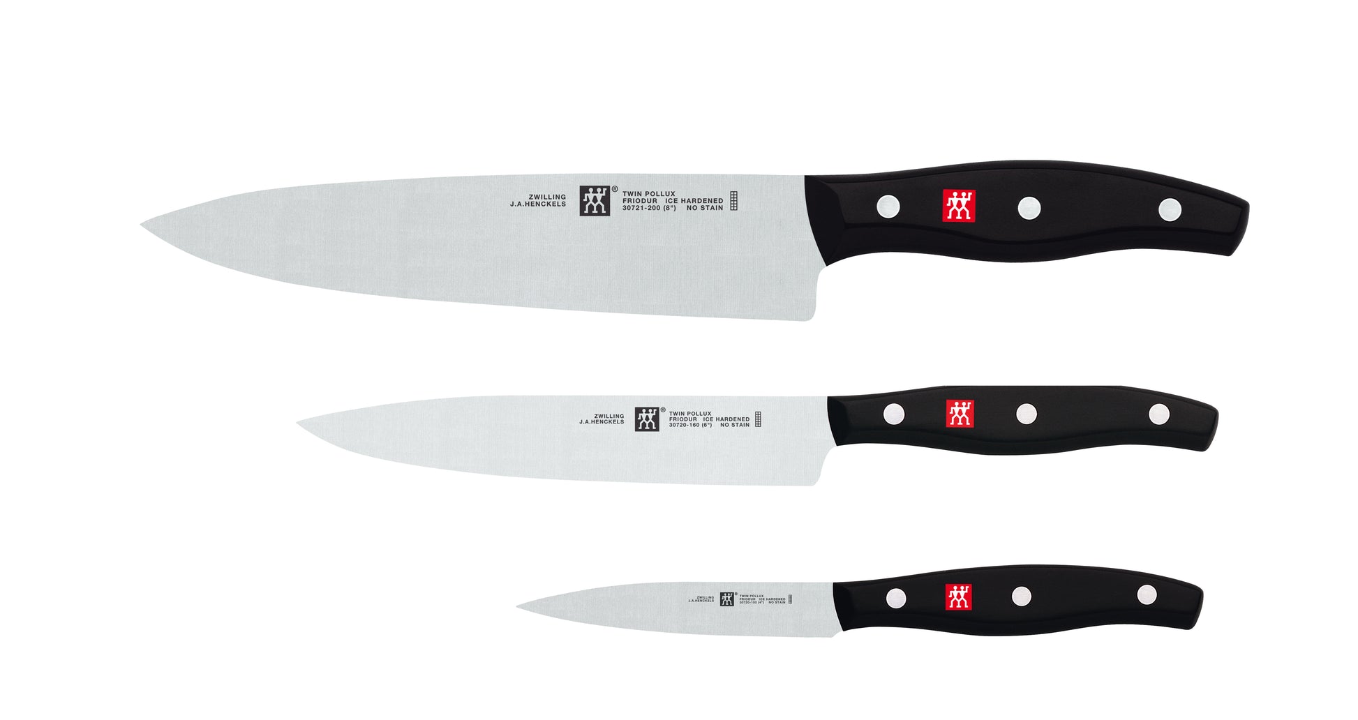 3-piece kitchen knife set with stainless blades and black handles