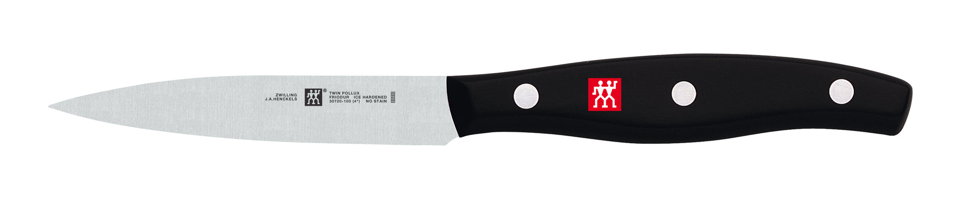 4-inch paring knife with stainless blade and black handle, white rivets
