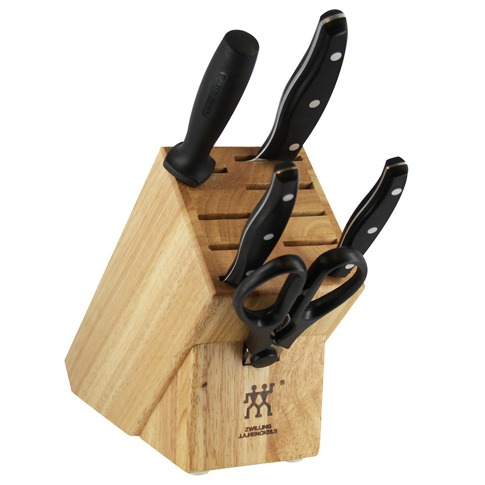 Zwilling J.A. Henckels wooden knife block with black-handled knives