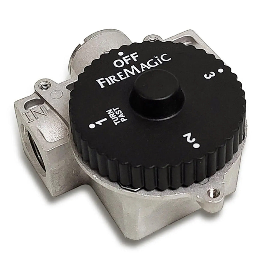 FireMagic timer safety shut off valve with black OFF dial and metal valve body