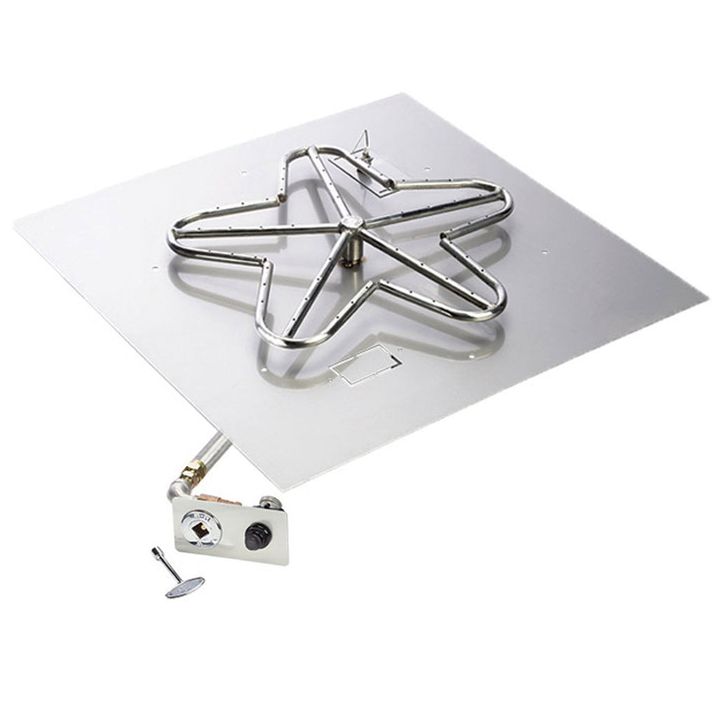 Stainless penta burner assembly with square flat mounting pan and push-button ignition module