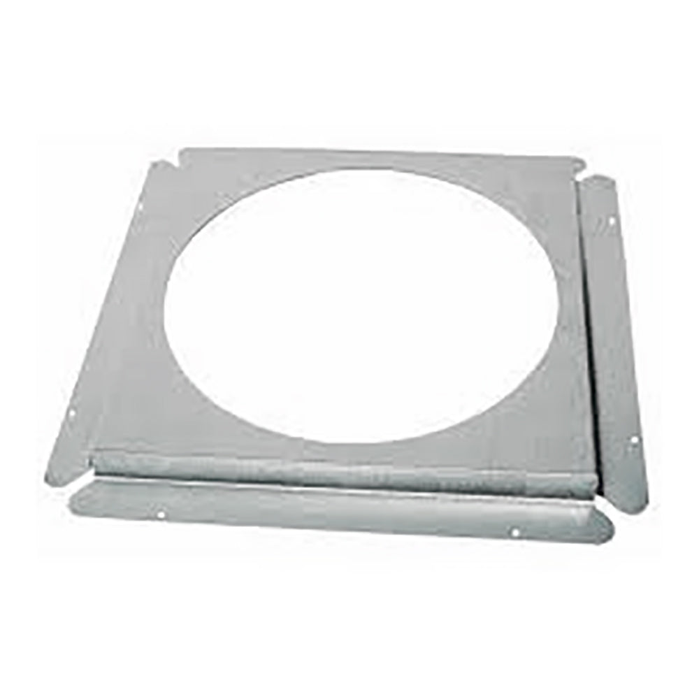 Gray metal firestop spacer with 12-inch round cutout, support tabs, 2-inch clearance
