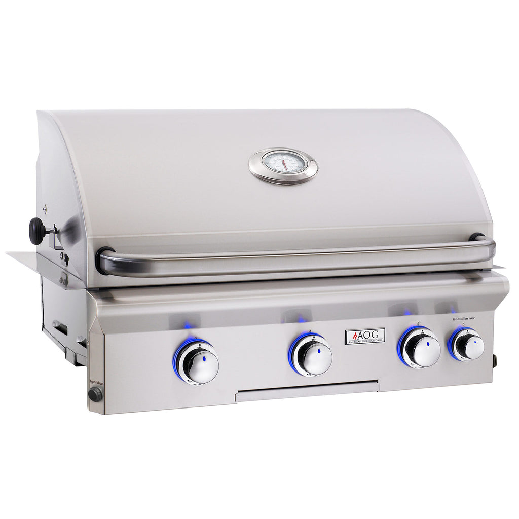 American Outdoor Grill built-in 30-inch gas grill with control knobs and thermometer