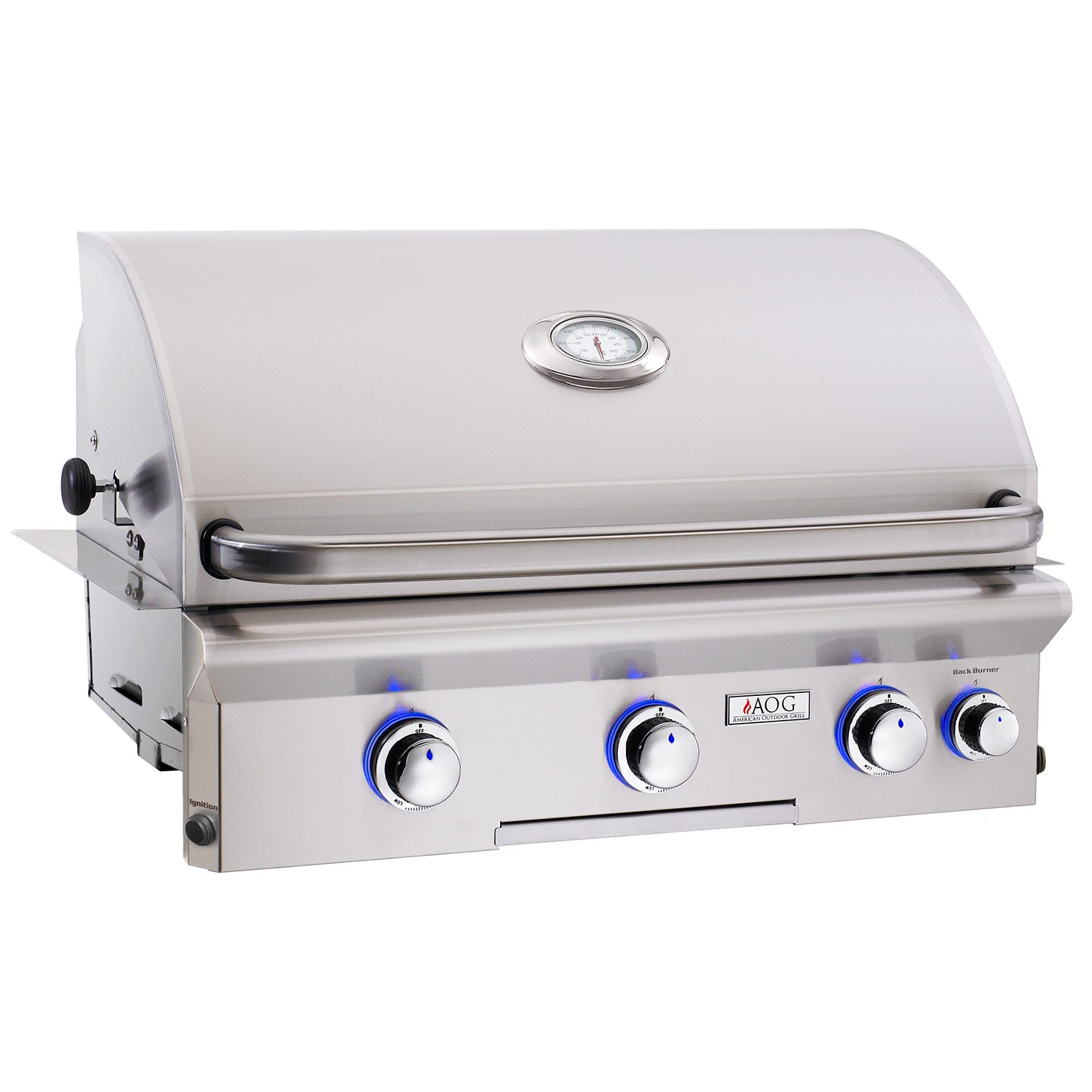 American Outdoor Grill built-in 30-inch gas grill with control knobs and thermometer