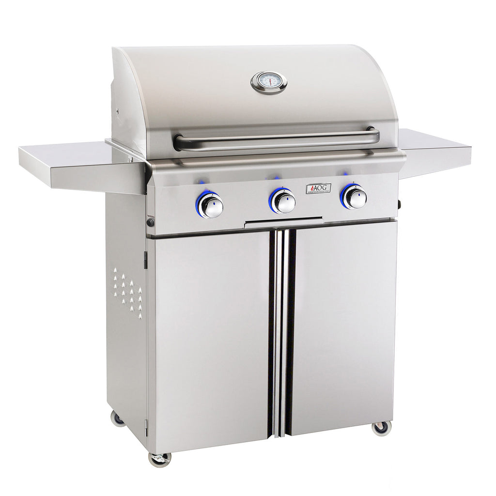 30-inch gas grill on cart with open lid, three front knobs, stainless steel body