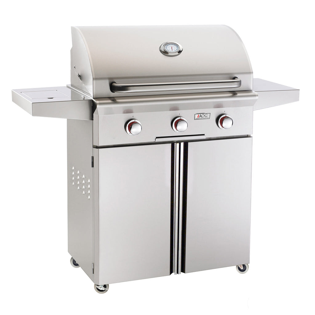 30-inch gas grill on cart with lid and three control knobs, stainless steel