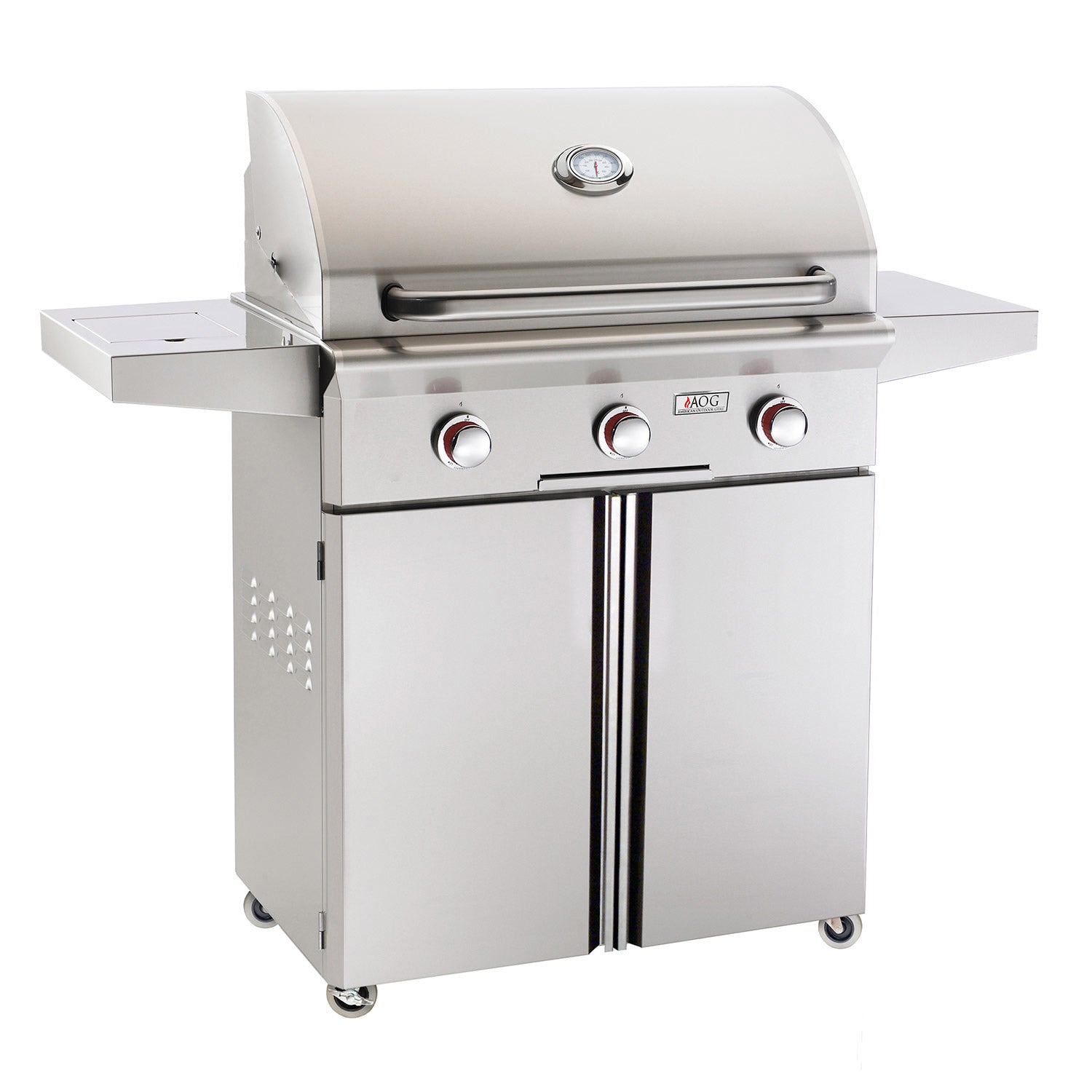 30-inch gas grill on cart with lid and three control knobs, stainless steel