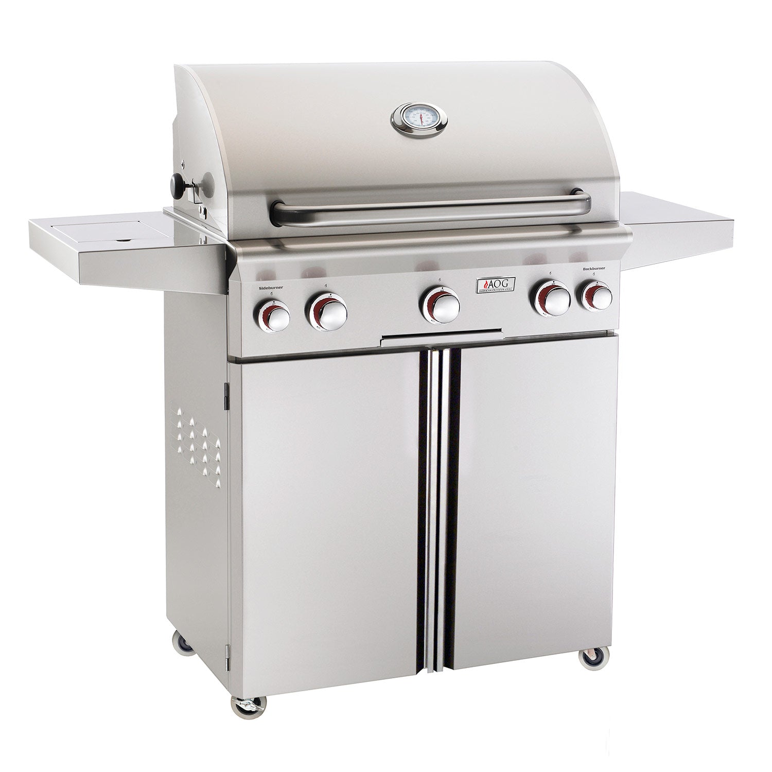Gas grill with closed lid, front control knobs, and cabinet doors on a cart