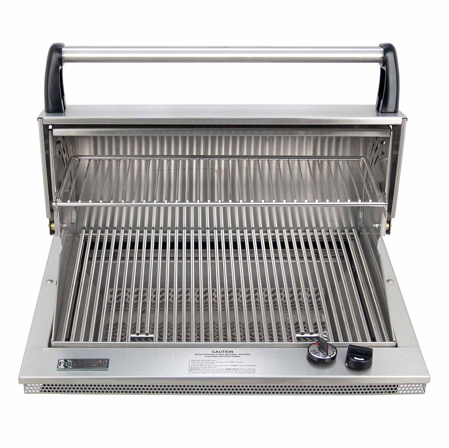 Stainless steel gas grill with open lid, cooking grates, and front control knobs