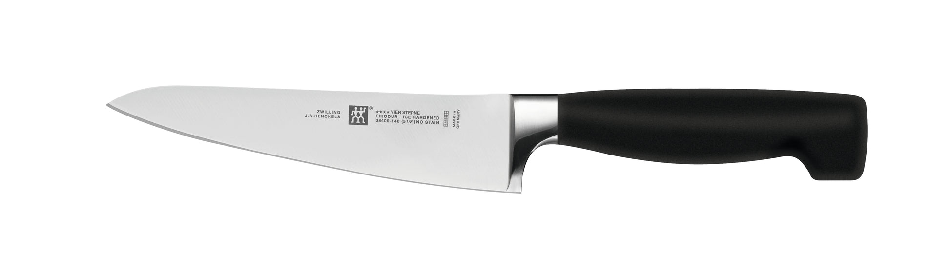 Zwilling Four Star 5.5-inch prep knife with black handle and stainless blade