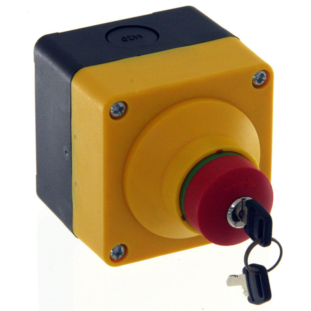 Emergency stop key switch with yellow housing, red knob, and hanging keys