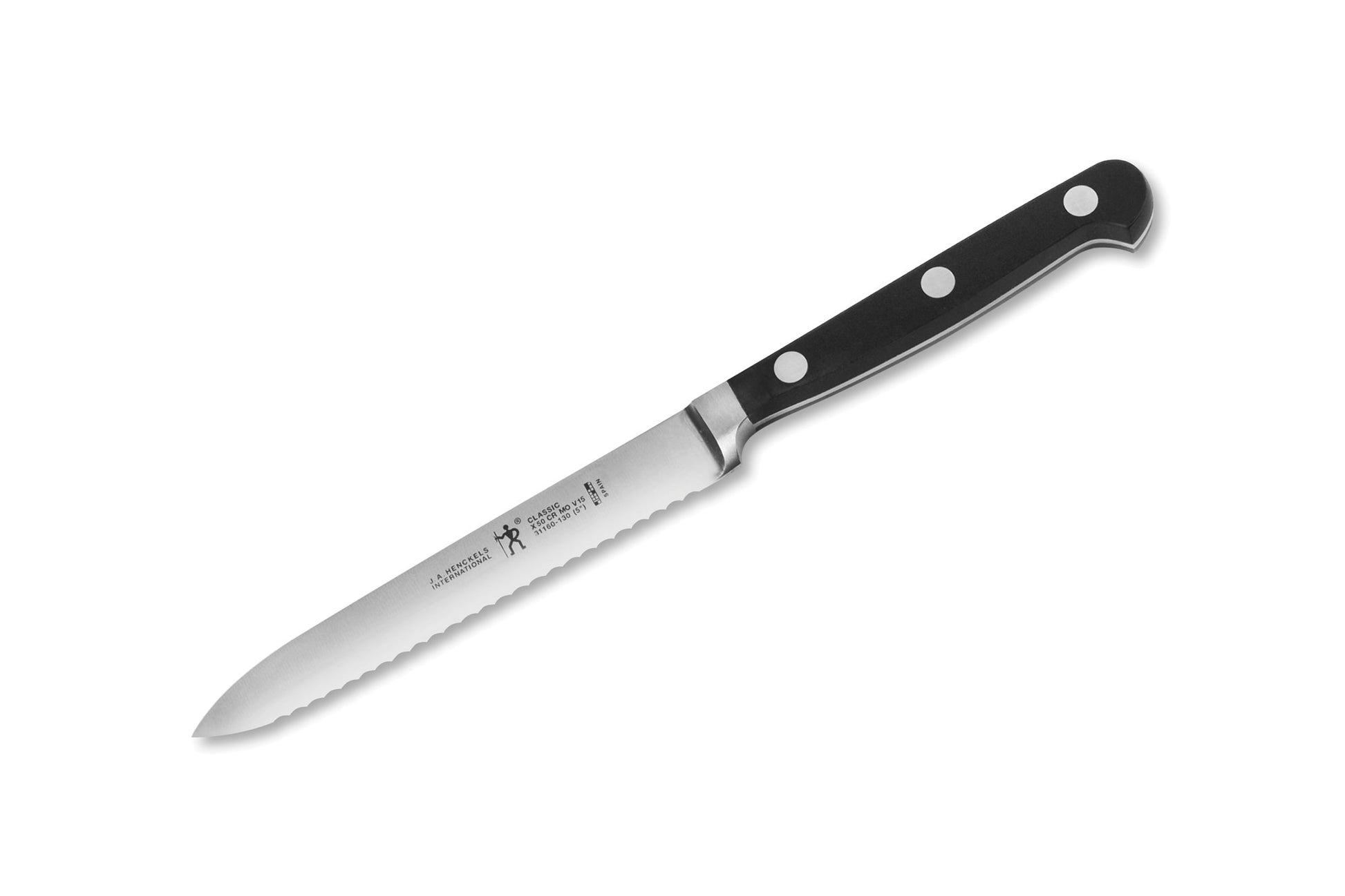 Henckels utility knife with serrated edge and black riveted handle
