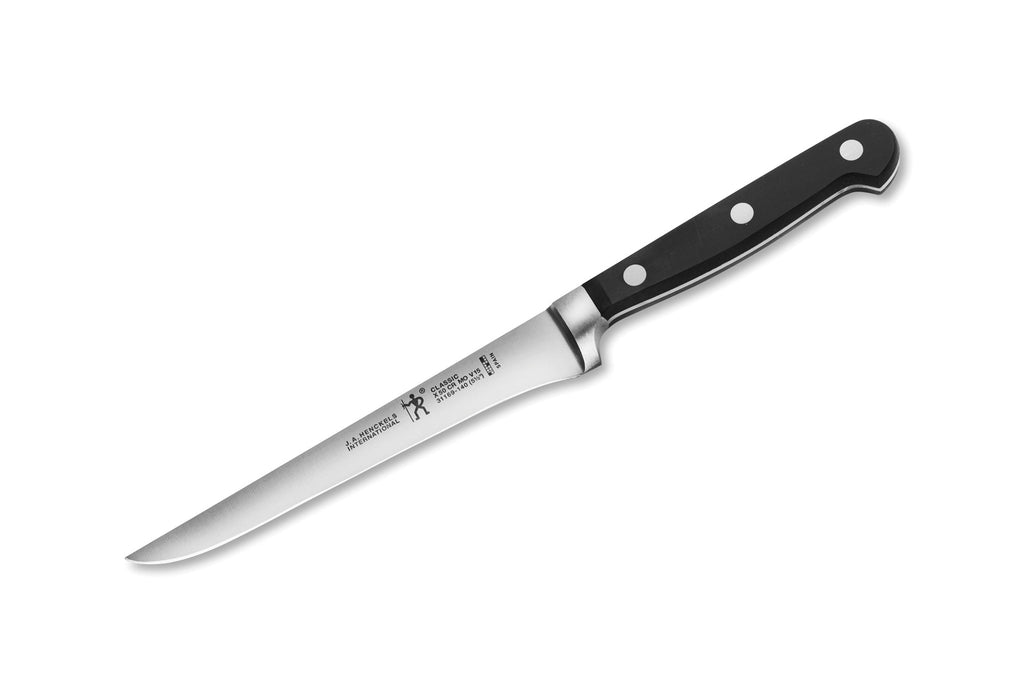 Henckels International 5.5-in boning knife, black riveted handle, silver blade