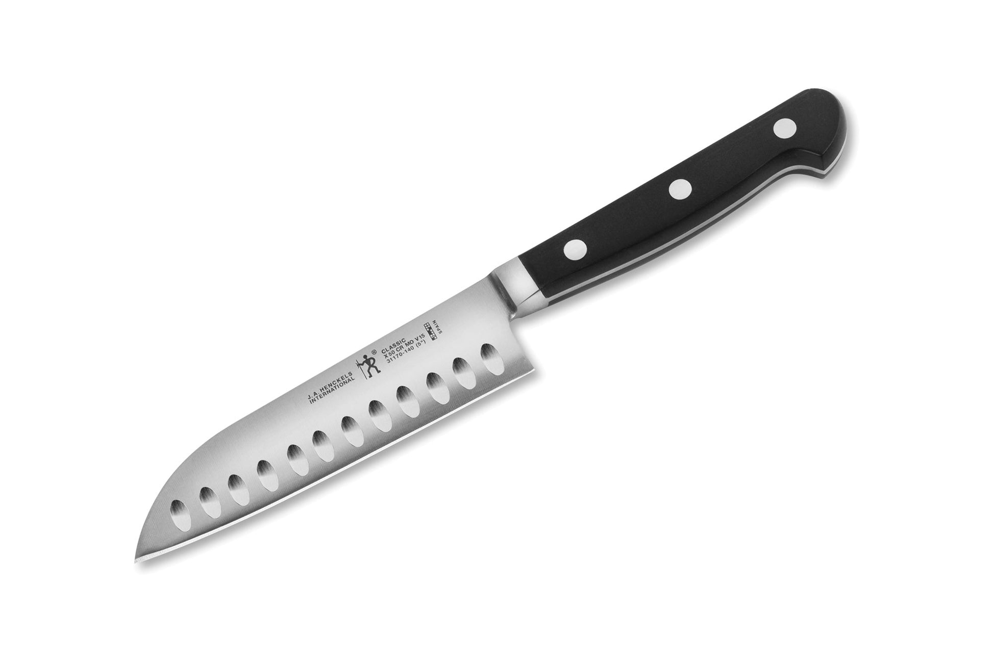 Santoku knife with perforated blade and black handle with three rivets