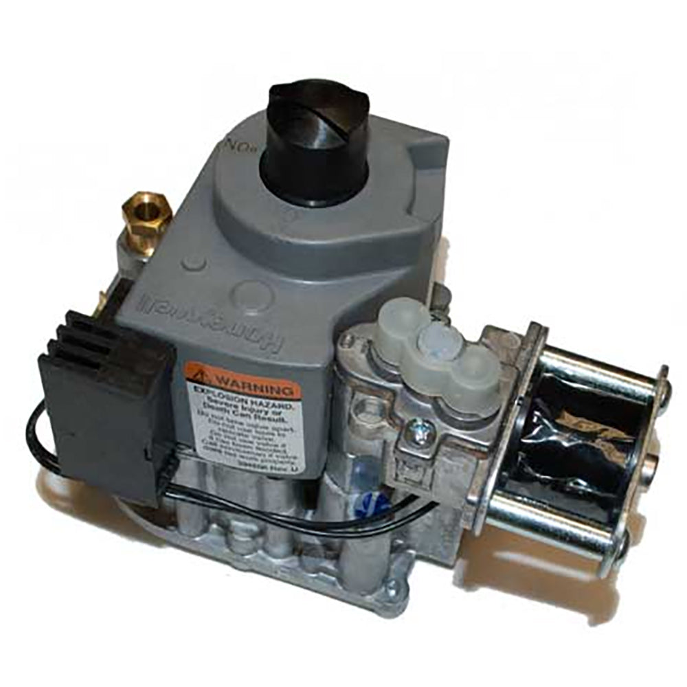 Two-stage gas valve with gray metal body, black control knob, and wiring terminals
