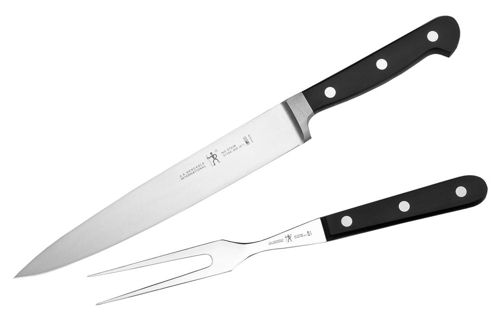 Henckels International carving set: stainless carving knife and fork, black handles