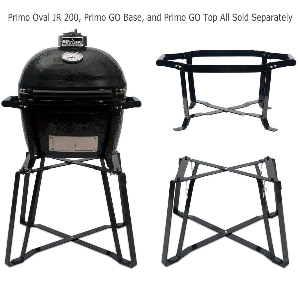 Portable oval grill base stand with cross-brace legs, black metal