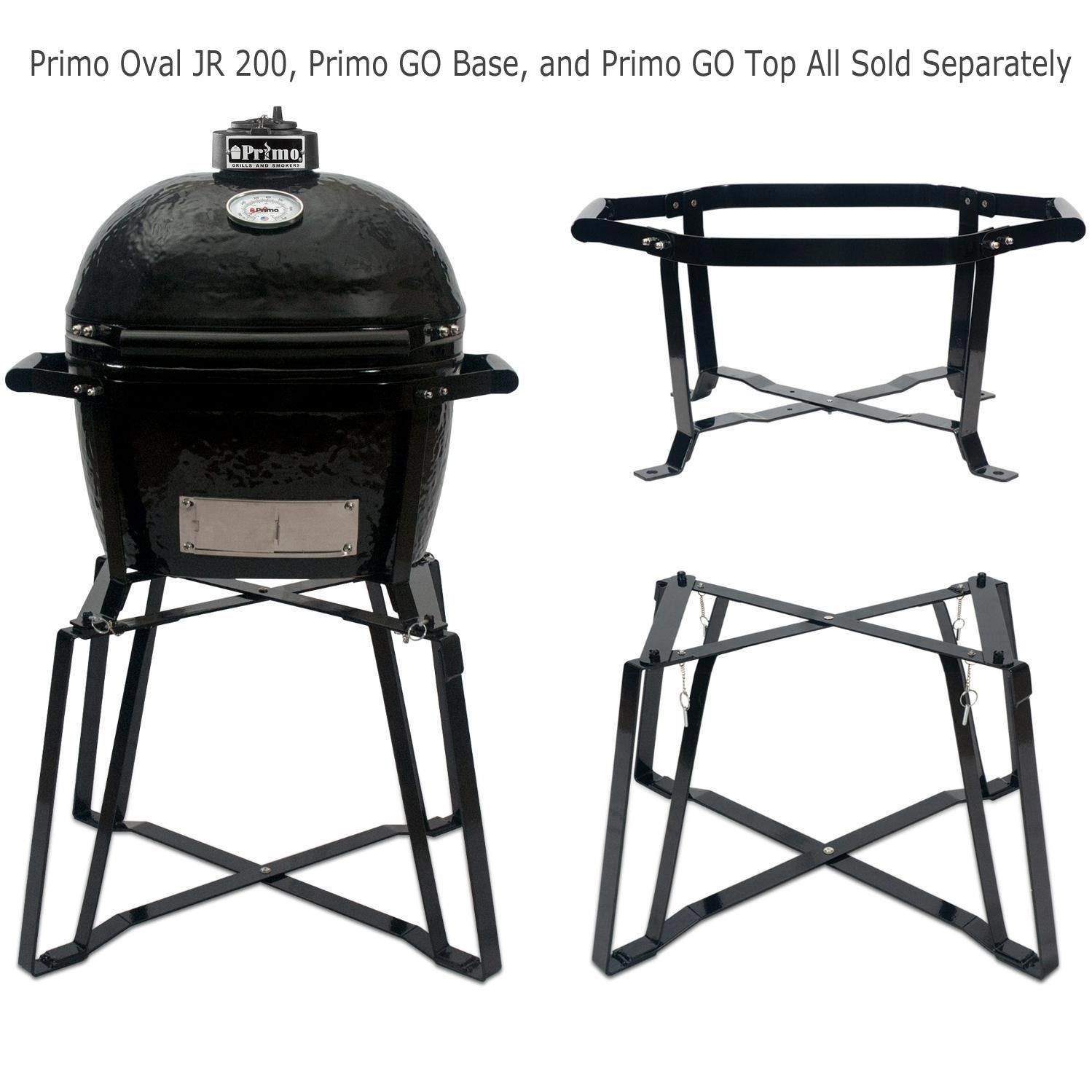 Portable oval grill base stand with cross-brace legs, black metal