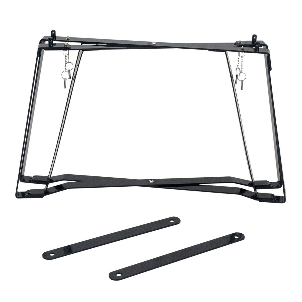 Oval grill base stand with side legs, hanging hooks, black metal