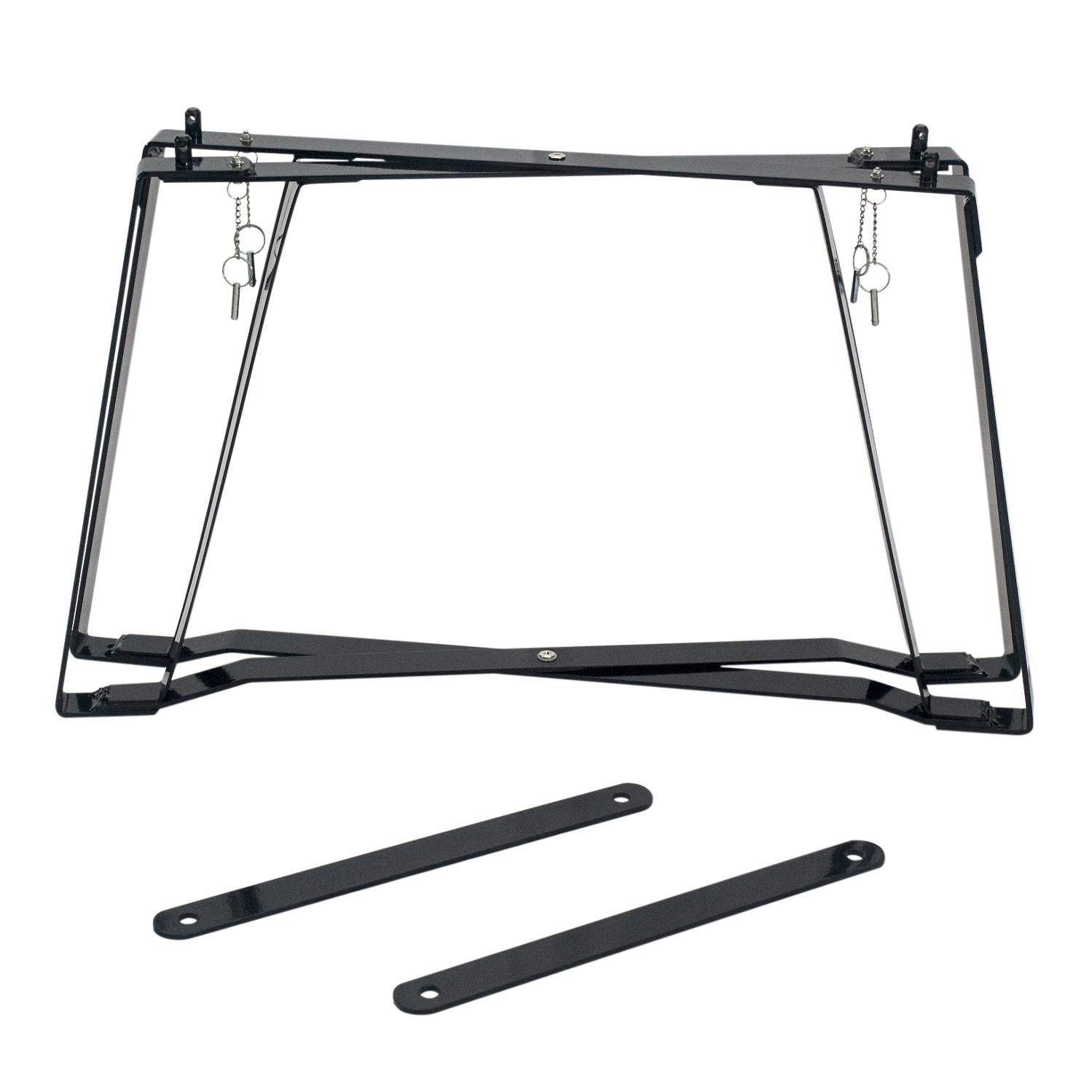 Oval grill base stand with side legs, hanging hooks, black metal