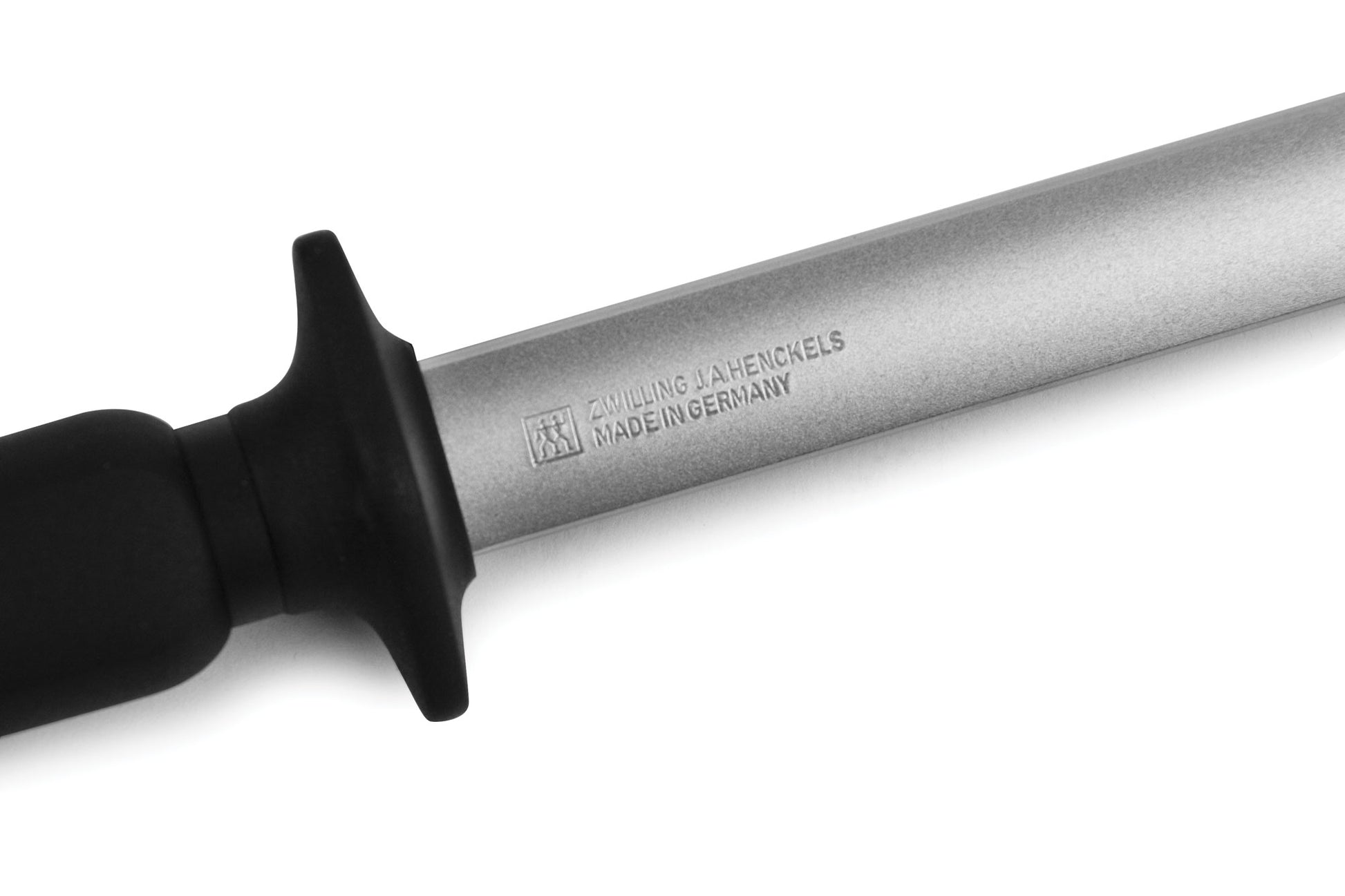 12-inch diamond sharpening steel handle, silver shaft with brand stamp