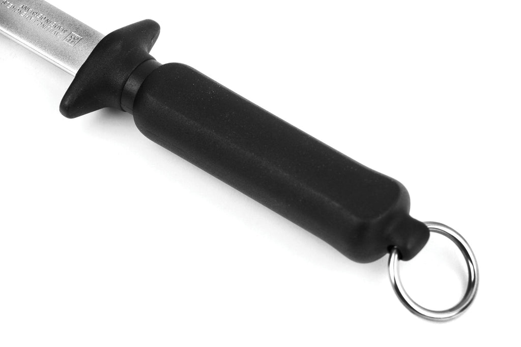 Diamond sharpening steel grip with black textured sleeve and metal ring loop
