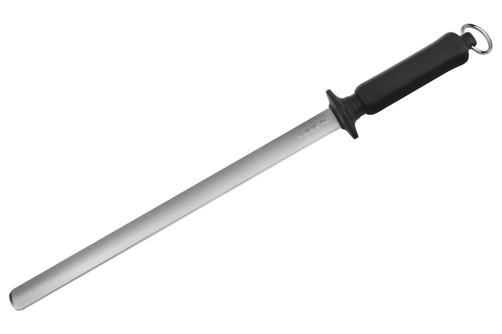 Diamond sharpening steel with black handle and hanging loop, 12-inch