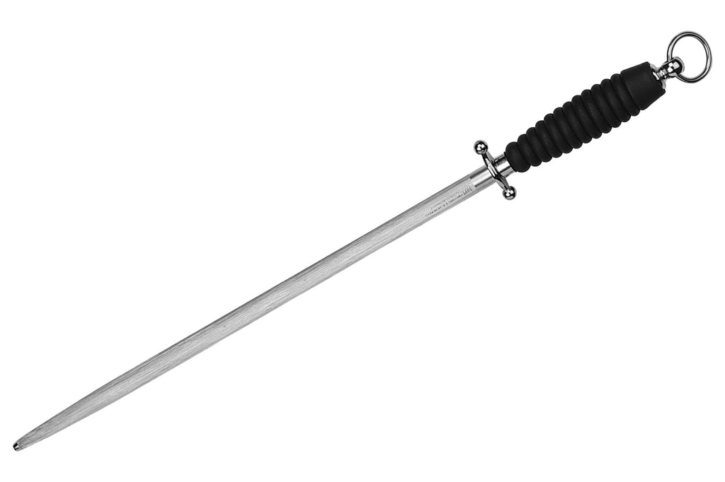 Sharpening steel with long silver shaft, black ribbed handle, and hanging loop