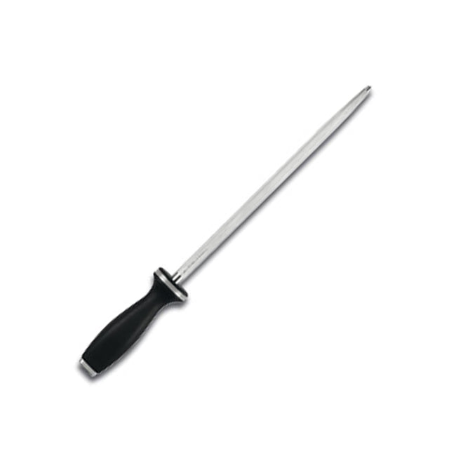 Stainless steel sharpening steel with black handle and end cap, Zwilling J.A. Henckels