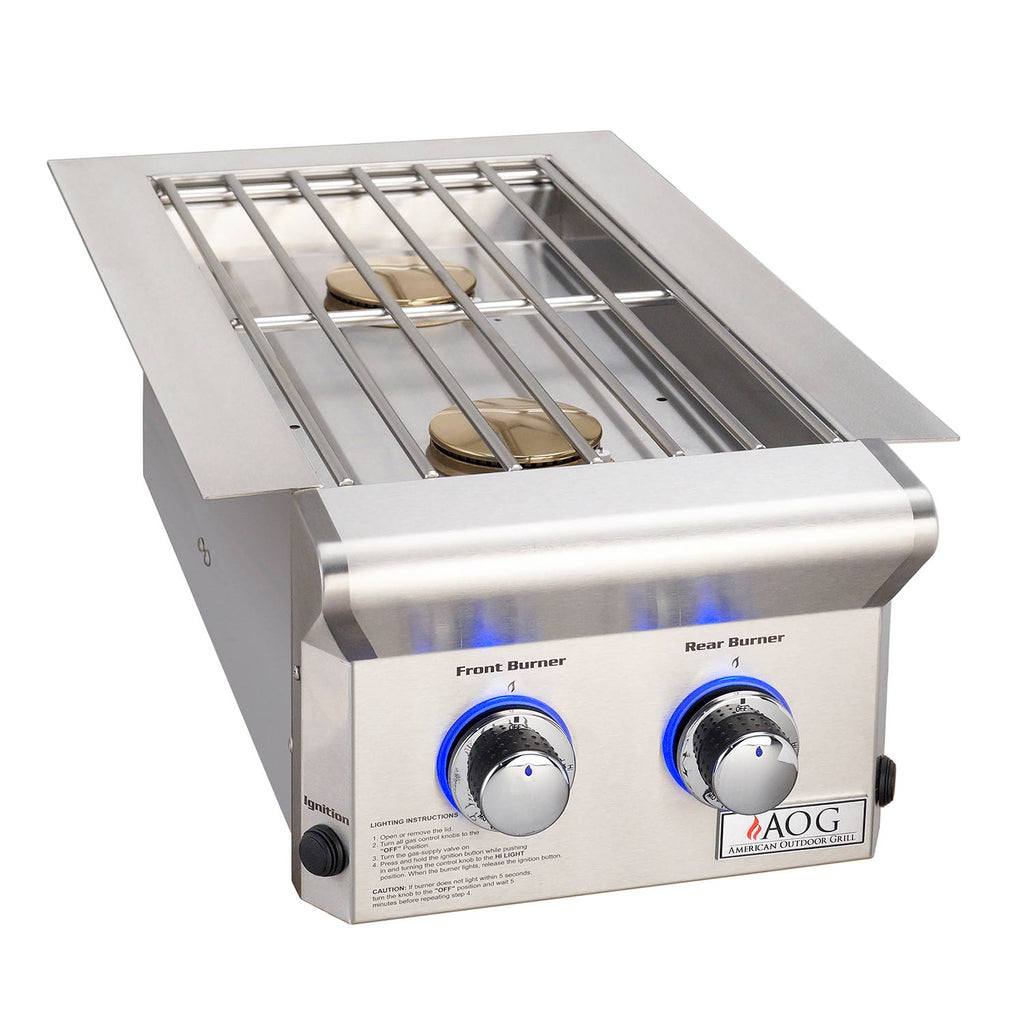 Built-in double side burner grill with stainless grates and front and rear control knobs