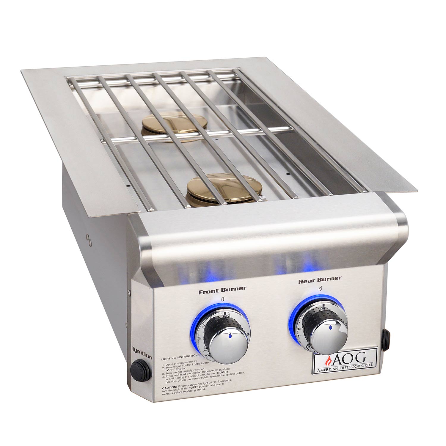 Built-in double side burner grill with stainless grates and front and rear control knobs