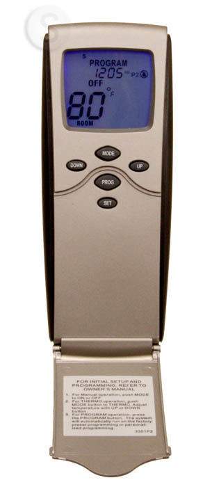 Programmable fireplace remote control with blue backlit LCD reading