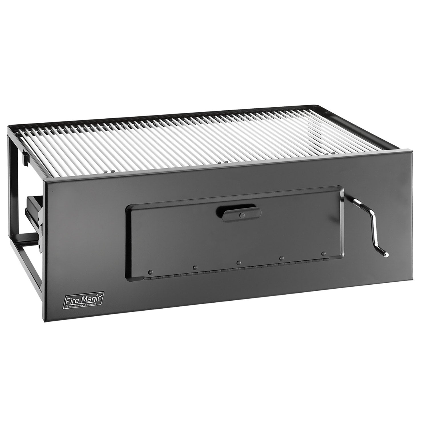 Charcoal grill with open stainless grate, dark charcoal body, front lift panel and side handle