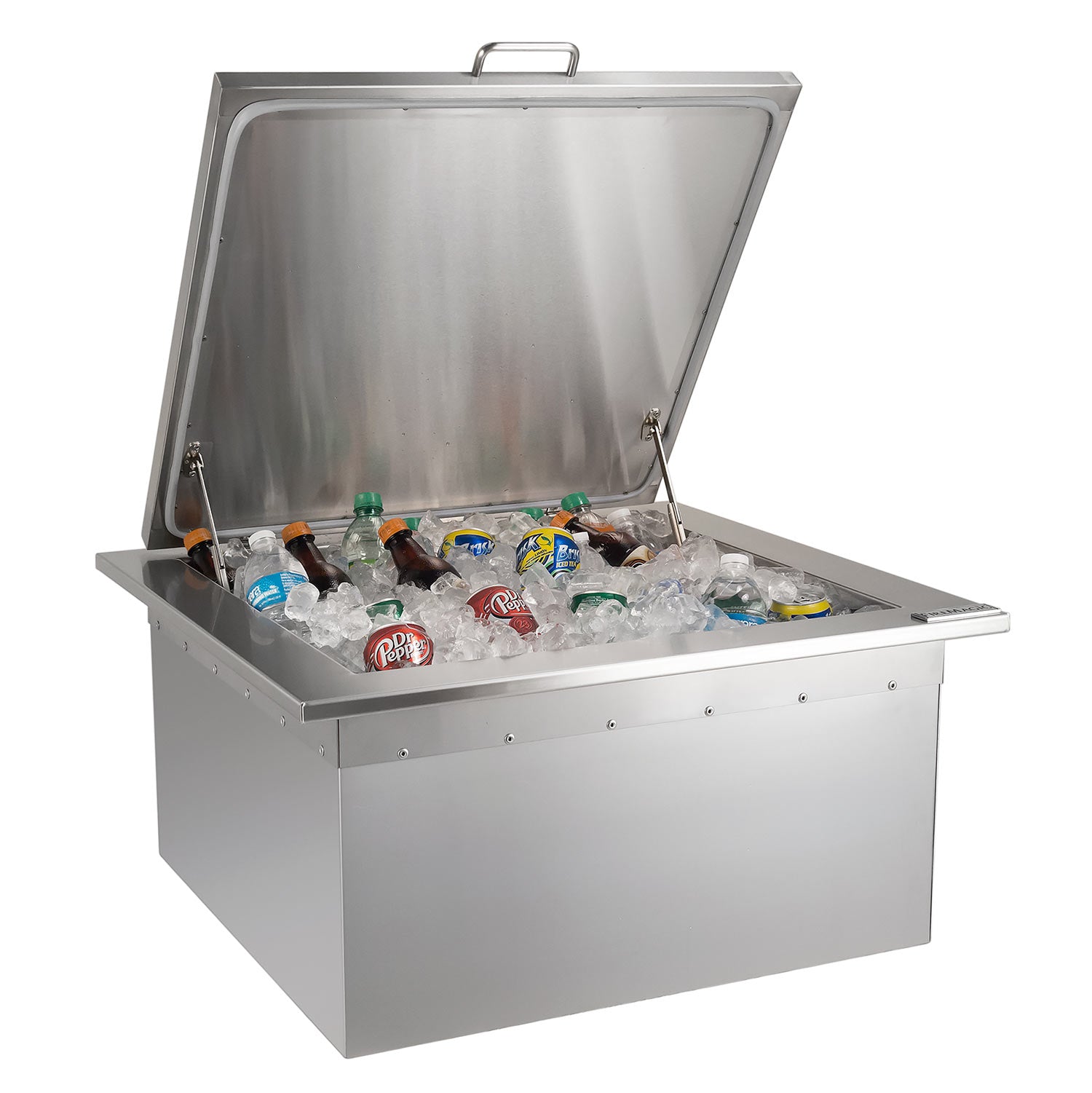 Built-in refreshment center with open lid and bottled drinks in ice