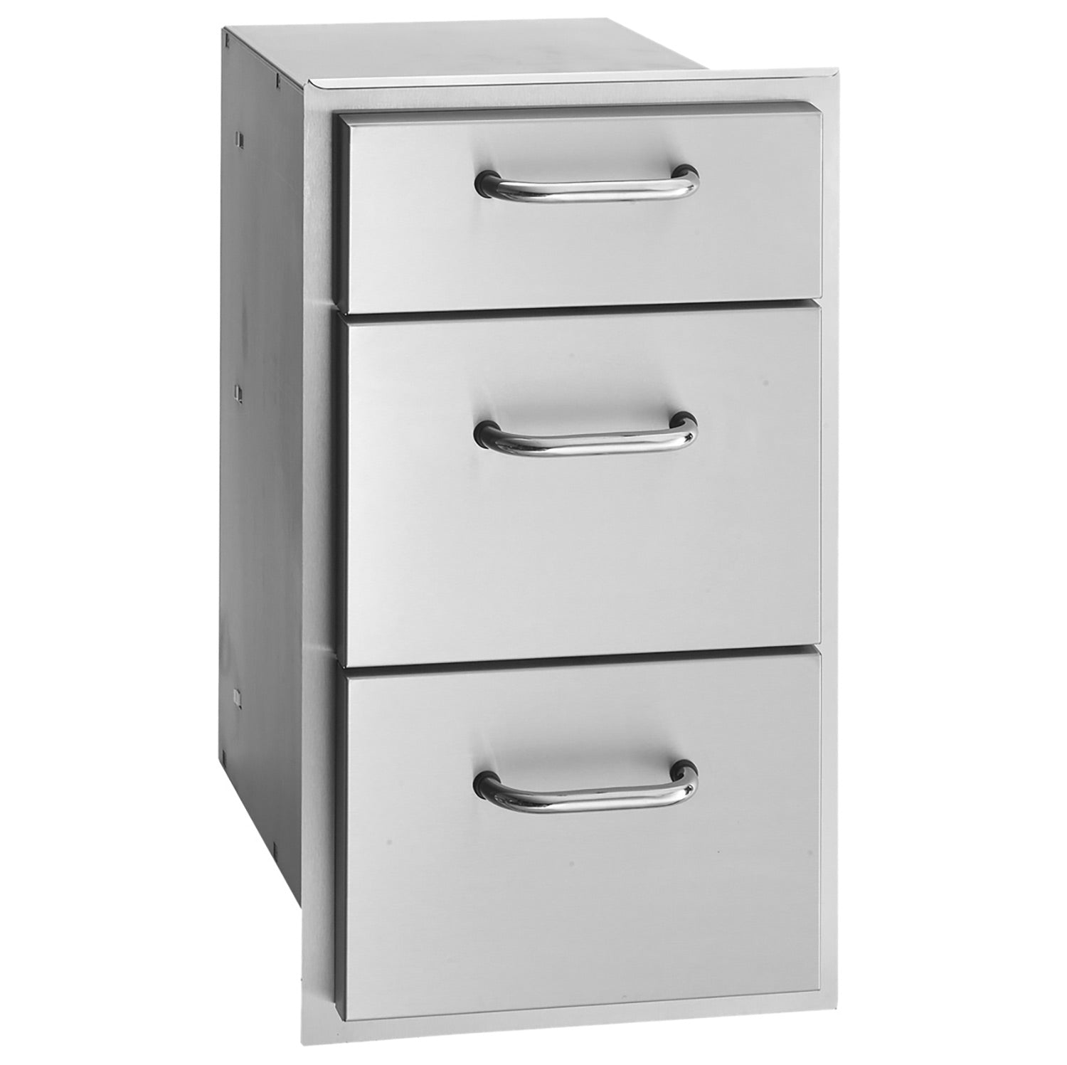 Fire Magic triple-drawer cabinet with three metal drawers and chrome bar pulls