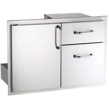 Grill door with double drawers, brushed metal cabinet with hinged panel and two handles