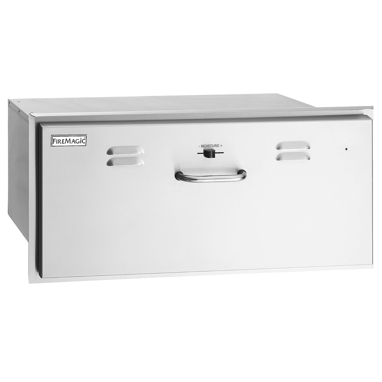Fire Magic electric warming drawer with stainless steel finish and recessed handle