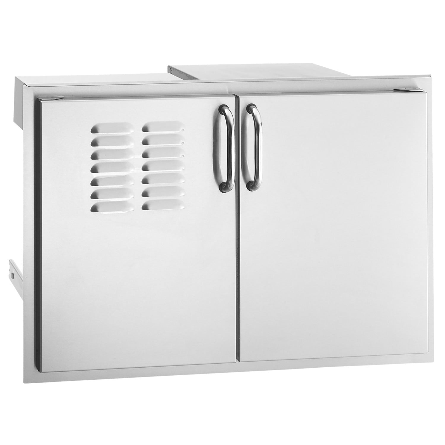 Outdoor grill access cabinet with double flush doors, louvered vents and metal handles
